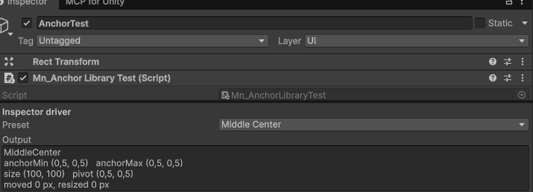 Walking the ten presets from the Inspector: the anchors change, the element does not move
