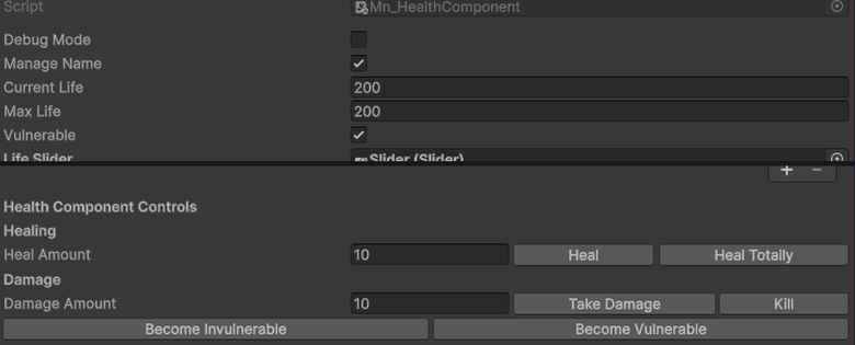 Damage, invulnerability and a kill driven from the health component inspector