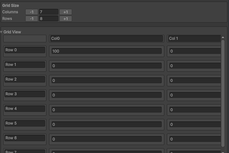 Resizing a grid database from its inspector: the table follows the row and column count