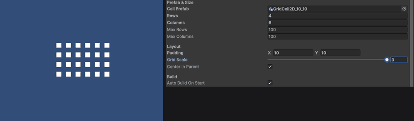 The 2D grid rebuilding as Rows and Columns change, with the editor stopped