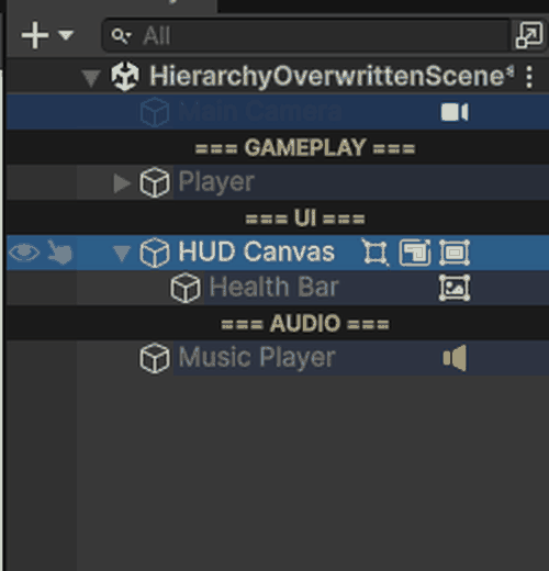 Separator rows, group headers and component badges in the Hierarchy