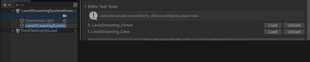 Loading and unloading two levels additively, watched from the Hierarchy