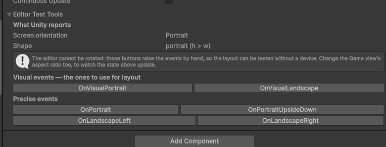 The editor test tools raising each orientation event by hand